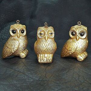 3 Vintage Gold Plastic Owls Christmas Ornaments Xmas Tree Decoration